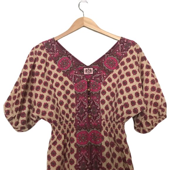 Juicy Couture Women's V Neck Boho Multi Color Peasant Shirt Dress Size 2 - Picture 3 of 4